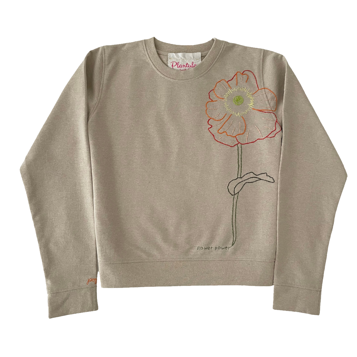 Crew Neck Bone With Poppy Outline Embroidery