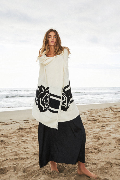 Flower Cashmere Wrap Scarf | White and Black - Flower Cashmere Wrap Scarf | White and Black