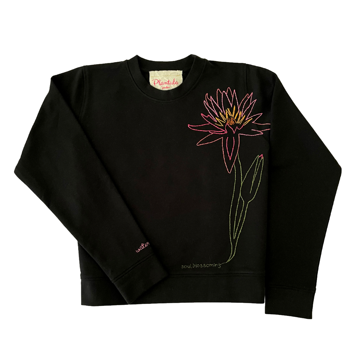 Crew Neck Black With Water Lily Outline Embroidery