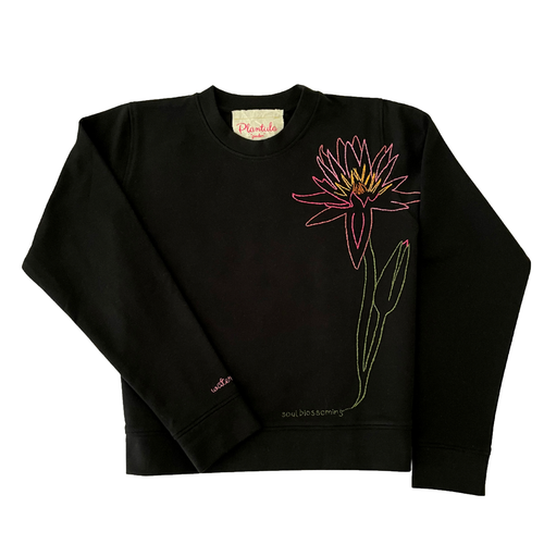 Crew Neck Black With Water Lily Outline Embroidery - Crew Neck Black With Water Lily Outline Embroidery